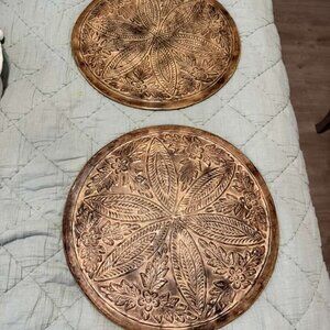 Set of 2 Vintage Embossed Metal Wall Decor Plates - Floral Design 16"